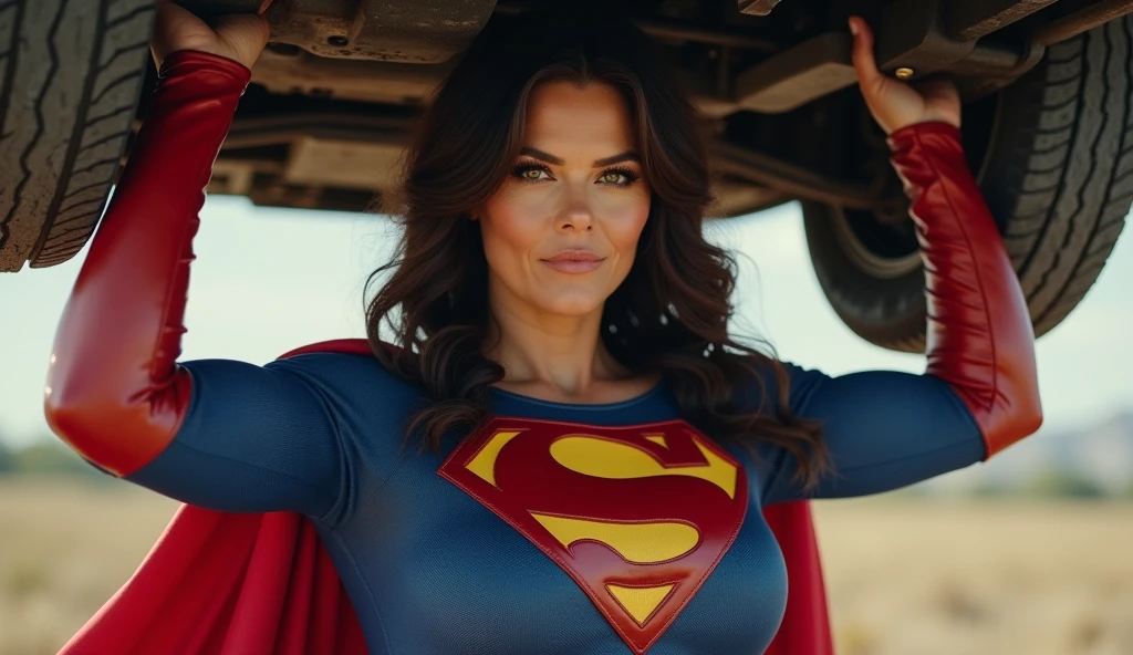 (((very beautiful old Supergirl ("woman of steel"); (((1980s costume))) Julie Hagerty(((dark-haired, large-breasted woman in her 50s)))) Super woman Julie Hagerty; confident, powerful, indestructible, attractive; big and firm chest; strong breasts; arms crossed, levanta facilmente um a car on the road sobre sua cabeça; arms of a strong woman. HD. Photograph, ((realism)), extremely high quality RAW photograph, ultra detailed photograph, sharp focus, high resolution, (detailed skin:1,3),high quality, film grain, Fujifilm XT3,Highly Detailed, movie, (Cinematic Photo:1.3) of (Realistic:1.3)