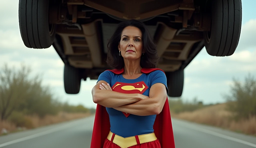 (((very beautiful old Supergirl ("woman of steel"); (((1980s costume))) Julie Hagerty(((dark-haired, large-breasted woman in her 50s)))) Super woman Julie Hagerty; confident, powerful, indestructible, attractive; big and firm chest; strong breasts; arms crossed, levanta facilmente um a car on the road sobre sua cabeça; arms of a strong woman. HD. Photograph, ((realism)), extremely high quality RAW photograph, ultra detailed photograph, sharp focus, high resolution, (detailed skin:1,3),high quality, film grain, Fujifilm XT3,Highly Detailed, movie, (Cinematic Photo:1.3) of (Realistic:1.3)