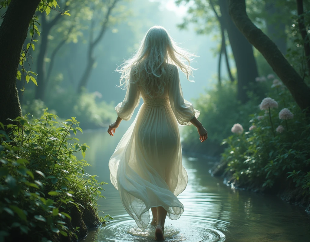 A woman with long white hair,she will wear a white cotton dress and wet,She will be running backwards on the grass of an enchanted garden and there will be a magical river near her.,I want a secret garden kind of vibe and&#39;It&#39;s kind of sad,I want the climate closed like an air of sadness