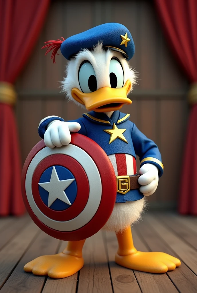 hình ảnh thực tế, Mickey Mouse Club movie, Donald Duck character, wearing captain america armor, shield holder