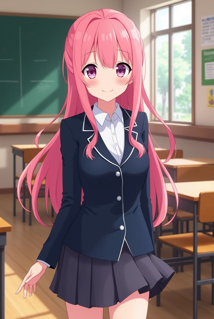 screenshot of my hero academia girl with the appearance of mitsuri kanroji with the UA uniform and the 1 A classroom in the background