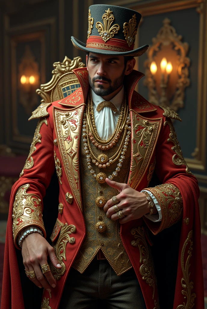 dresses very luxuriously. His outfit is adorned with jewels, rings, expensive-looking fabrics, gold, etc. Another I’d like to note is the gambler theme, as seen by the gambling board on his back. So when you look at him, you get the idea he's a rich, wealthy, someone with a crippling gambling addiction.