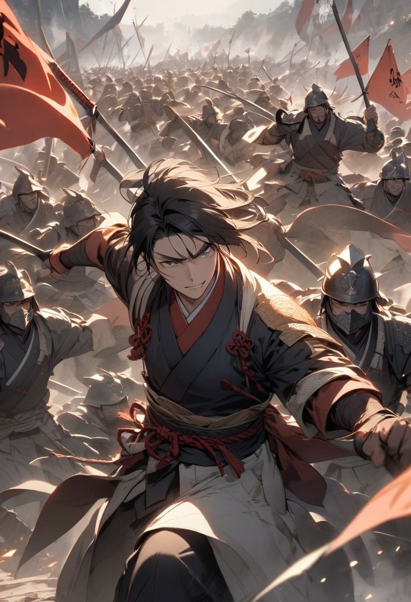 "A battlefield scene with a samurai leading troops into battle, showing bravery and gaining favor from his lord, with banners flying in the background."