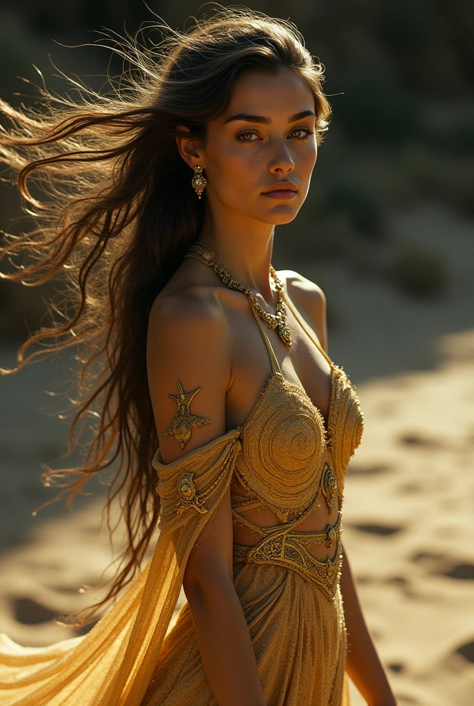 (A beautiful female cinematic ornate sand goddess, gold dress, shiny gold tattoo), (Galactic shaman with Quantum Energy costume), fantasy magic, long hairstyle, clear and dark night, intrikate, ethereal, sharp focus, illustration, highy detailed, digitalpainting, conceptual artwork, mattey, (arte por WLOP), (por Justin Gerard e Jason Edmiston: 1.5), (por Greg Rutkowski: 0.4), (by alphonse mucha: 0.4), work of art