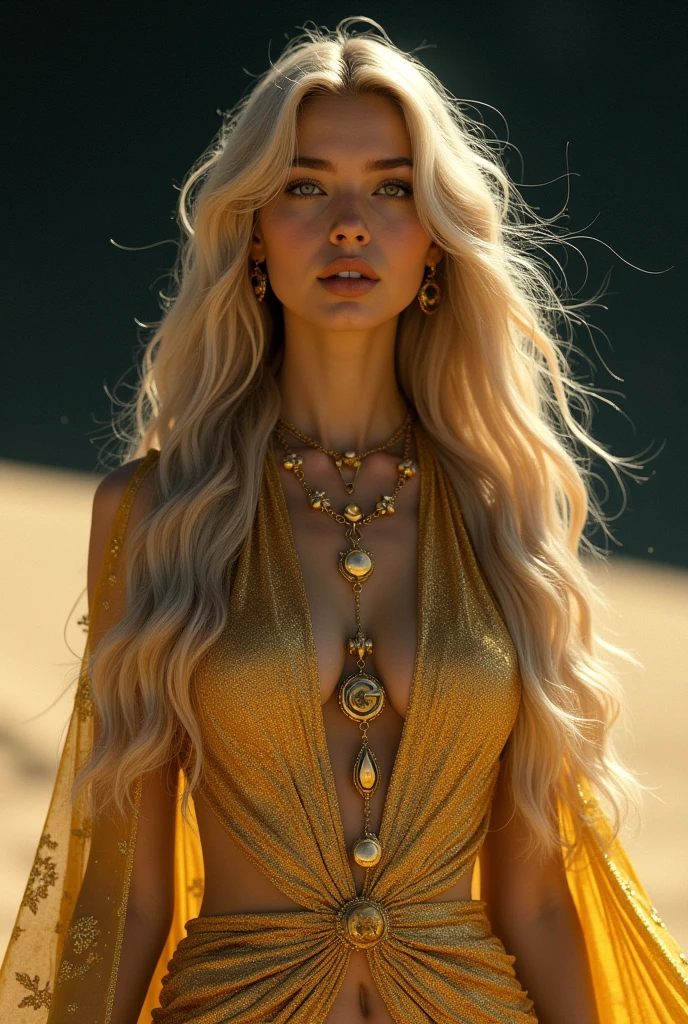 (A beautiful female cinematic ornate sand goddess, gold dress, shiny gold tattoo), (Galactic shaman with Quantum Energy costume), fantasy magic, long hairstyle, clear and dark night, intrikate, ethereal, sharp focus, illustration, highy detailed, digitalpainting, conceptual artwork, mattey, (arte por WLOP), (por Justin Gerard e Jason Edmiston: 1.5), (por Greg Rutkowski: 0.4), (by alphonse mucha: 0.4), work of art