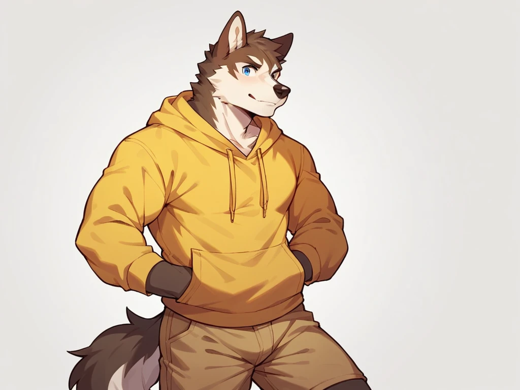 score_9, score_8_up, score_7_up, high quality, hires, anthro, male, husky, brown fur, brown ears, mostly white fur, blue eyes, yellow hoodie, brown shorts, white background,