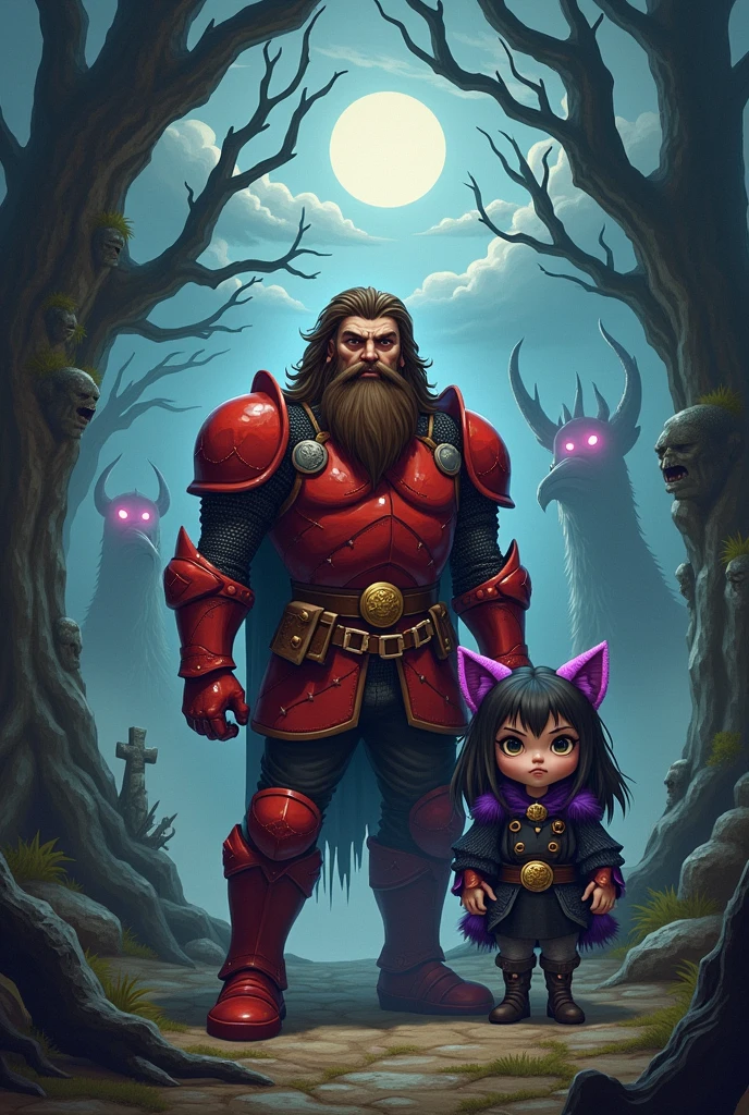 A large muscular iron golem from Minecraft sits with a girl near a fire in the forest....