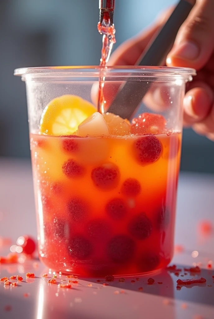 Make an image that reflects a photo of a container full of fruit pulp that is being inspected