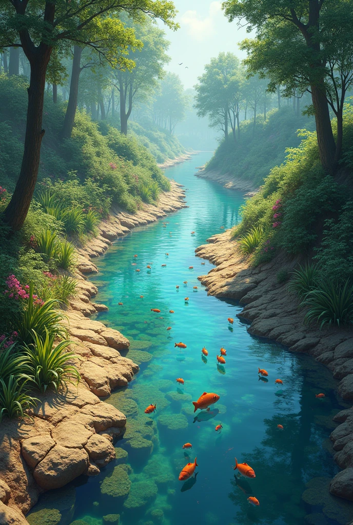 1 image of a living river with flora and fauna And another of the same dry and destroyed river