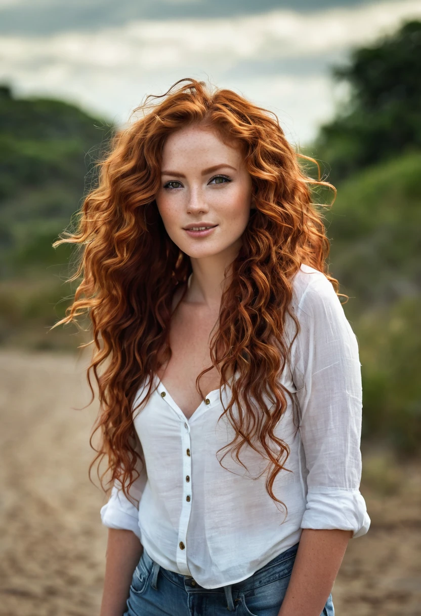 Photography, natural lighting, A beautiful woman of about 2 with tousled red hair in curls long below her shoulders, Dark wavy almost curly redhead and brown eyes, hair blown in the wind, wears a white band on his forehead, Delicate and sensual thick lips, nice hair wearing a white top and a denim shorts with black booties, standing, sharp focus, 8k, HdR, masterpiece, of the highest quality, (foto de cuerpo completo medium size) she measures 1,50 m high, Nice smile, distracted to the camera, She is of medium build, medium size.