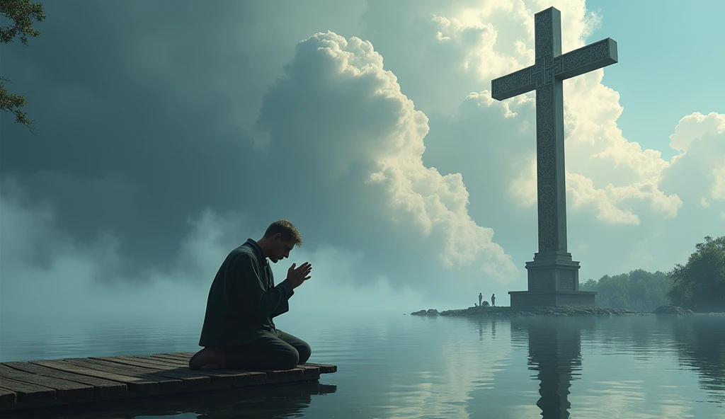 Christian man praying in front of the cross, middle of lake with huge cloud in sky
