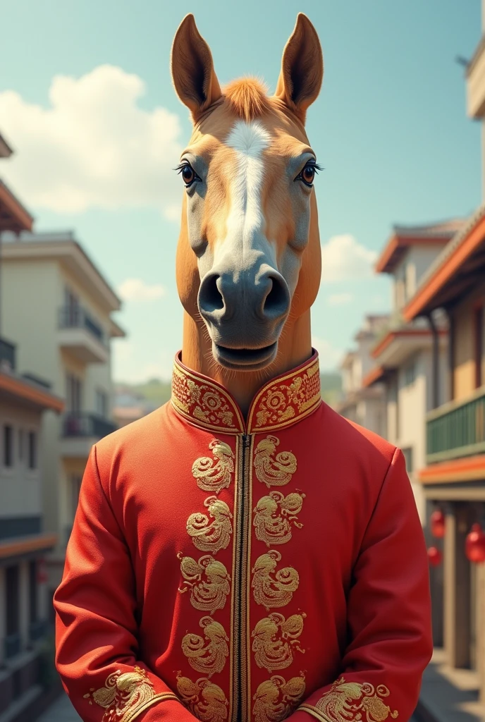 bottom: An urban landscape, similar to the original meme, where you see a balcony or a window. This background may include typical buildings of a city., with a clear or slightly cloudy sky.
horse: The horse must be the same one that became famous in the original meme. It is a light brown horse, with a robust body and an upright posture, that appears to be looking towards the viewer.
Chinese Mona Costume: The horse is dressed in a suit "Chinese monkey", which is a traditional Chinese attire. This suit can be bright red, with golden details and embroidery depicting dragons or lotus flowers. The suit must fit the horse&#39;s body., with long sleeves and a high neck, giving it a comical and exaggerated appearance.
Expresión del horse: The horse&#39;s expression is funny and a little serious., as if he was very proud of his outfit. Their eyes should be open and their mouth slightly curved upwards., as if he were smiling.