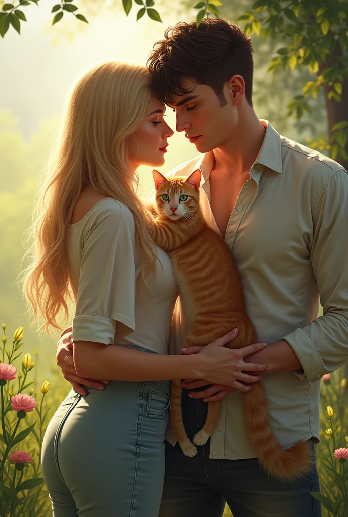 I'm writing a lesbian novel where the elder one in the lead couple is feminine but not so feminine she's 5'8" tall has long silky blonde hair with sea blue eyes and the younger one has dar brown short boy cut hair. She is masculine and has emerald green eyes she's around 6'2" tall. My novel title is WOVEN TOGETHER.
So I want my cover to be something romantic a homely and a little realistic and they both have cats an orange boy and a black and white girl cat. I want you to make a little realistic cover picture for me