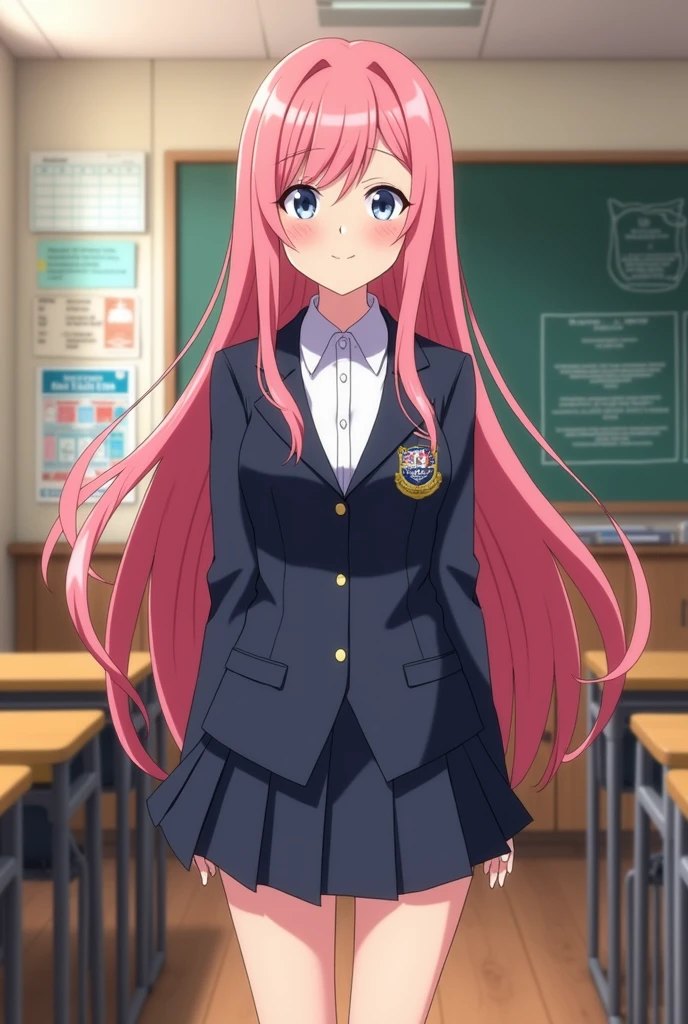 screenshot of my hero academia girl with the appearance of mitsuri kanroji with the UA uniform and the 1 A classroom in the background