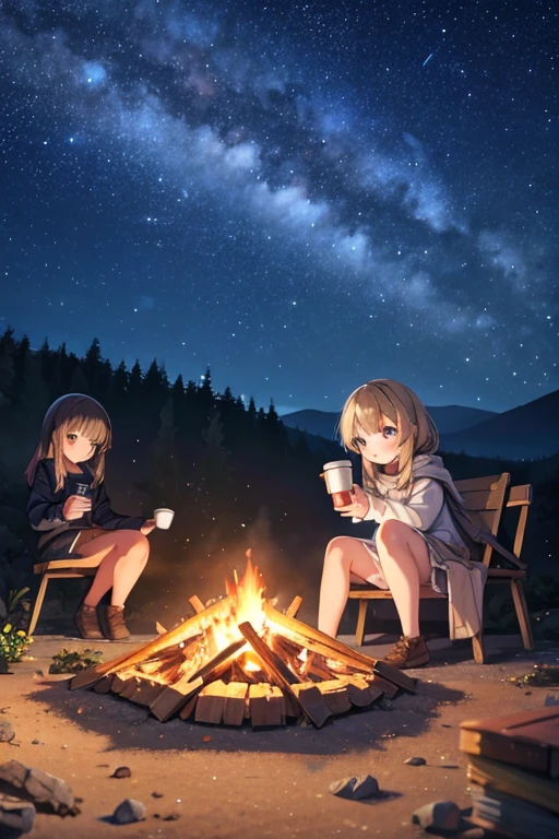 One girl,Ruins at night,camp,Bonfire,sit,holding a coffee cup,High resolution, high quality, High-resolution model, Exhale white sigh,Starry Sky,Night Sky