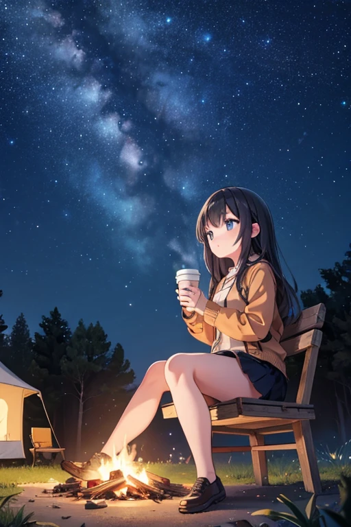 One girl,Ruins at night,camp,Bonfire,sit,holding a coffee cup,High resolution, high quality, High-resolution model, Exhale white sigh,Starry Sky,Night Sky