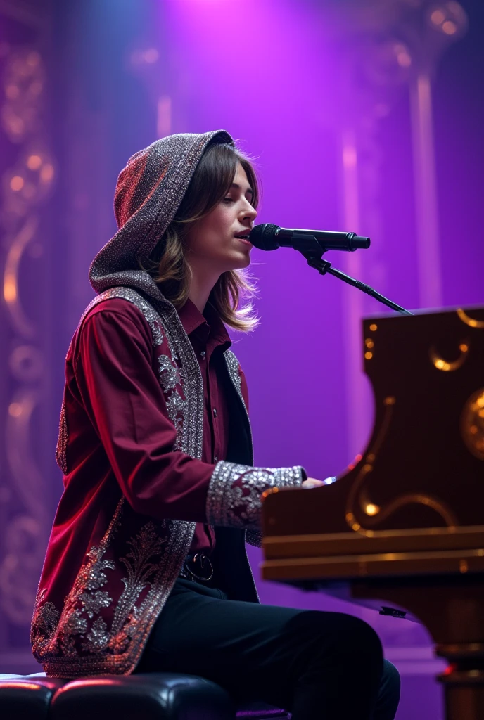 artwork best quality realistic image handsome american male teenager long brown hair flying fair skin with burgundy button down shirt and black pants with coat cape and hood on head in burgundy color with intricate silver details shining. the teenager is playing the piano. The piano is shining and illuminated. The teenager is singing with a microphone stand in front of him with purple lights around it illuminating him intricate details seen from afar at a concert with details uhq details 8k realism