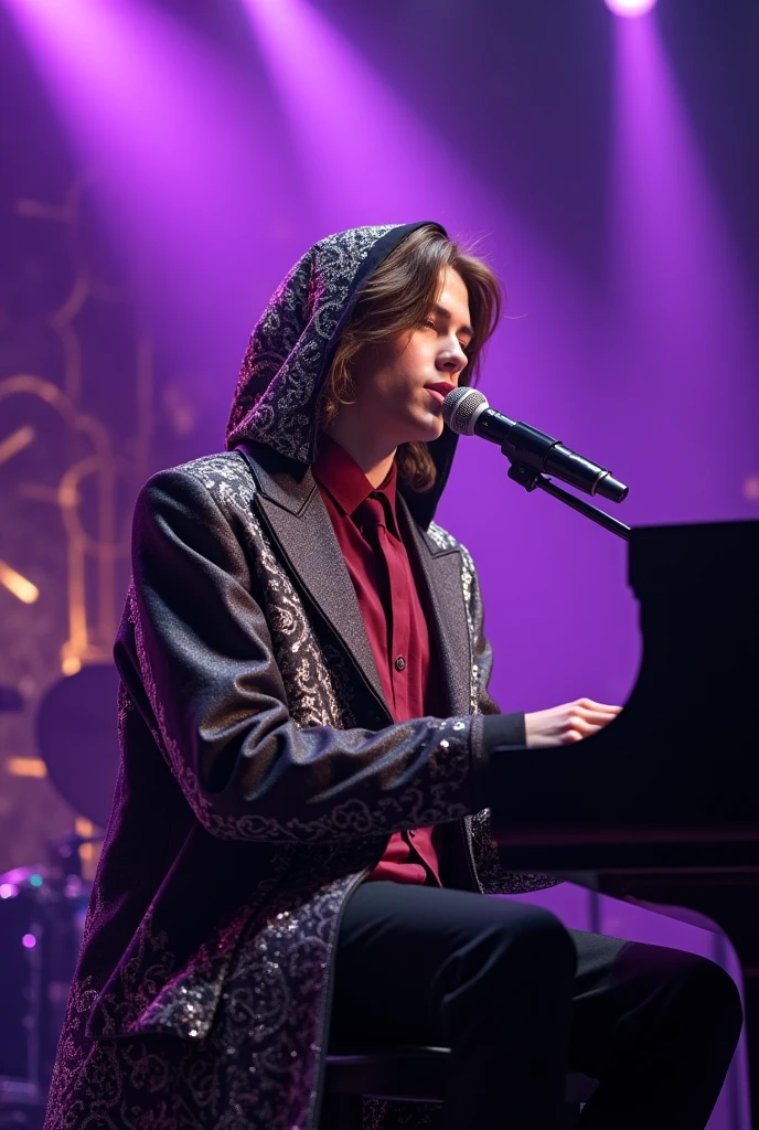 artwork best quality realistic image handsome american male teenager long brown hair flying fair skin with burgundy button down shirt and black pants with coat cape and hood on head in burgundy color with intricate silver details shining. the teenager is playing the piano. The piano is shining and illuminated. The teenager is singing with a microphone stand in front of him with purple lights around it illuminating him intricate details seen from afar at a concert with details uhq details 8k realism