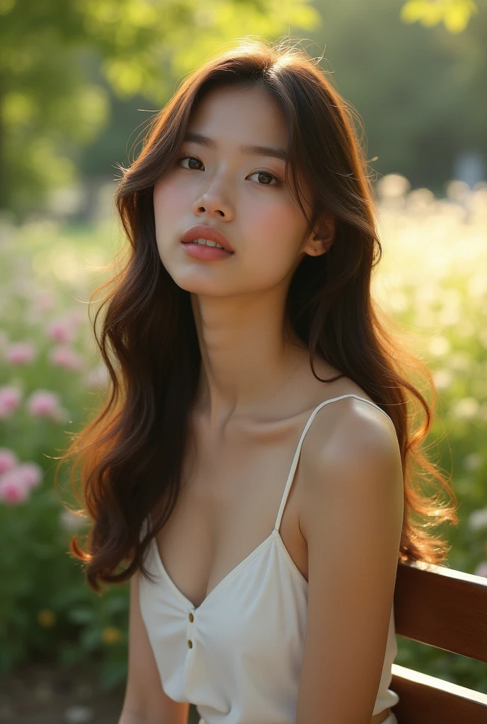 Hyper-realistic photos taken with Sony α7 III camera, 85mm lens with F 1.2 Aperture settings, Depiction of a young woman sitting on a wooden bench in a sunny park. The background is beautifully blurred, Highlight the theme. The park is full of greenery，Flowers in bloom，, Create a peaceful atmosphere. Soft sunlight gracefully illuminates the subject&#39;s face and hair, Casting a dreamy light. Image, Shot in high resolution，16:9 aspect ratio, Capture your subject’s natural beauty and personality with stunning realism – ar 16:9 - 5 p.m..2- Original style