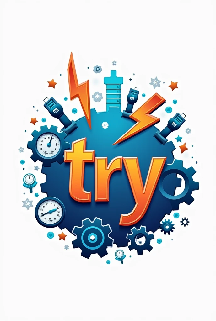 Logo for a company dedicated to air conditioning and electrical services, that bears a name "Try", that the logo has elements such as a lightning bolt, a gear and some air conditioning pressure gauges.