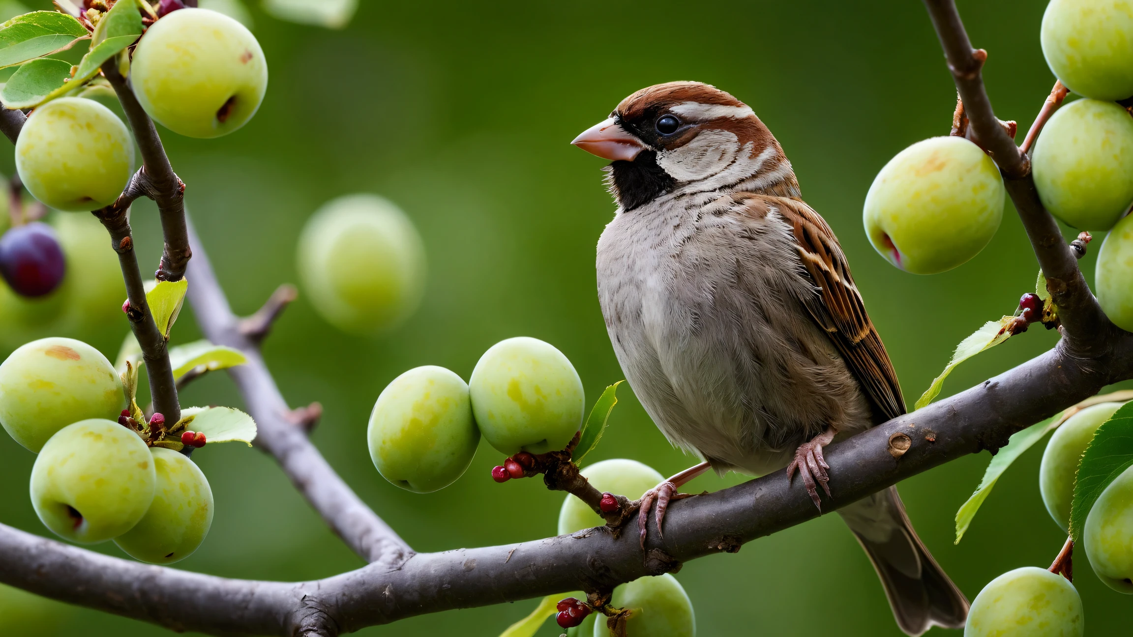 Create an ultra-high-definition 8K photo featuring a close-up of a House Sparrows perched on a plum tree branch. The small bird is beautifully poised, surrounded by vibrant green plum tree leaves. Nearby, clusters of purple black plums are ripening, adding rich color to the scene.