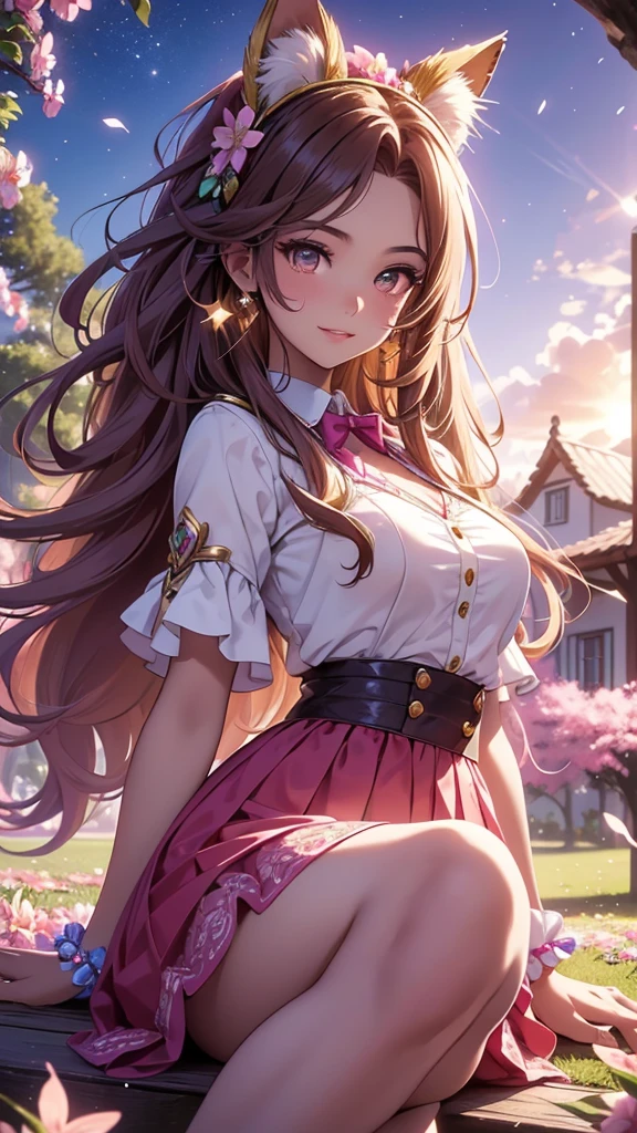 (best quality,4k,8k,highres,masterpiece:1.2),ultra-detailed,(realistic,photorealistic,photo-realistic:1.37),acrylic painting,beautiful Brazilian model in a uniform outfit with downy hair,beautiful Brazilian model with extremely colorful brown hair and detailed facial features,beautiful Brazilian model standing in a beautiful garden surrounded by a starry sky,brown hair,beautiful Brazilian model wearing a vibrant pink and teal uniform outfit,beautiful Brazilian model with intricate accessories,cat ears, ,beautiful Brazilian model with long flowing twintails,beautiful Brazilian model with bright brown eyes and rosy lips,beautiful Brazilian model with a joyful expression,beautiful Brazilian model in a dynamic pose with cherry blossoms falling around her,beautiful Brazilian model surrounded by colorful flowers and butterflies,beautiful Brazilian model's school uniform outfit adorned with cute bows and lace details,beautiful Brazilian model with an enchanting smile,beautiful Brazilian model with soft, pastel-colored shading,beautiful Brazilian model with a magical glow illuminating her,beautiful Brazilian model in a picturesque setting with a winding path leading to a magnificent castle,beautiful Brazilian model with a fairytale-like background,beautiful Brazilian model with a soft, dreamy atmosphere,beautiful Brazilian model with a subtle bokeh effect,beautiful Brazilian model standing under a sunny sky,beautiful Brazilian model with a warm, golden sunset in the background,beautiful Brazilian model surrounded by twinkling stars and colorful nebulae,creating an ethereal and captivating artistic masterpiece, sitting down, facing camera, uniform outfit