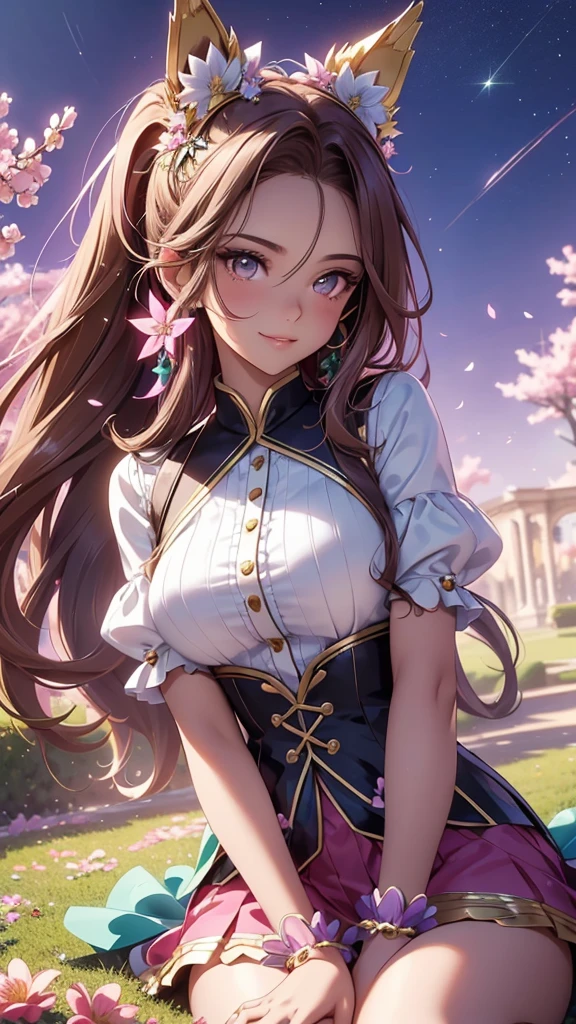 (best quality,4k,8k,highres,masterpiece:1.2),ultra-detailed,(realistic,photorealistic,photo-realistic:1.37),acrylic painting,beautiful Brazilian model in a uniform outfit with downy hair,beautiful Brazilian model with extremely colorful brown hair and detailed facial features,beautiful Brazilian model standing in a beautiful garden surrounded by a starry sky,brown hair,beautiful Brazilian model wearing a vibrant pink and teal uniform outfit,beautiful Brazilian model with intricate accessories,cat ears, ,beautiful Brazilian model with long flowing twintails,beautiful Brazilian model with bright brown eyes and rosy lips,beautiful Brazilian model with a joyful expression,beautiful Brazilian model in a dynamic pose with cherry blossoms falling around her,beautiful Brazilian model surrounded by colorful flowers and butterflies,beautiful Brazilian model's school uniform outfit adorned with cute bows and lace details,beautiful Brazilian model with an enchanting smile,beautiful Brazilian model with soft, pastel-colored shading,beautiful Brazilian model with a magical glow illuminating her,beautiful Brazilian model in a picturesque setting with a winding path leading to a magnificent castle,beautiful Brazilian model with a fairytale-like background,beautiful Brazilian model with a soft, dreamy atmosphere,beautiful Brazilian model with a subtle bokeh effect,beautiful Brazilian model standing under a sunny sky,beautiful Brazilian model with a warm, golden sunset in the background,beautiful Brazilian model surrounded by twinkling stars and colorful nebulae,creating an ethereal and captivating artistic masterpiece, sitting down, facing camera, uniform outfit 