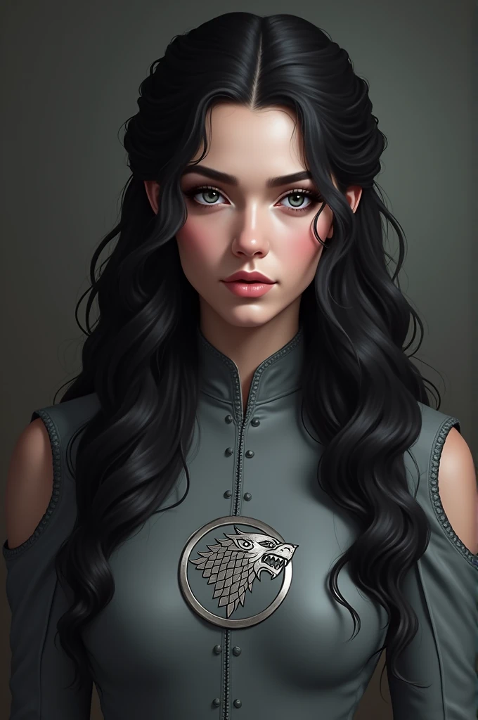 Lyana stark de game of thrones, long black wavy hair with thick eyebrows and gray eyes wearing a gray dress with the Stark house symbol