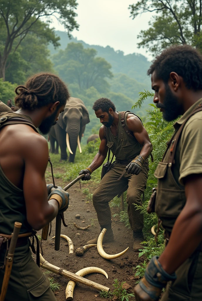 Make an image of hunters who have a saw with which they cut the tusks or ivory of elephants