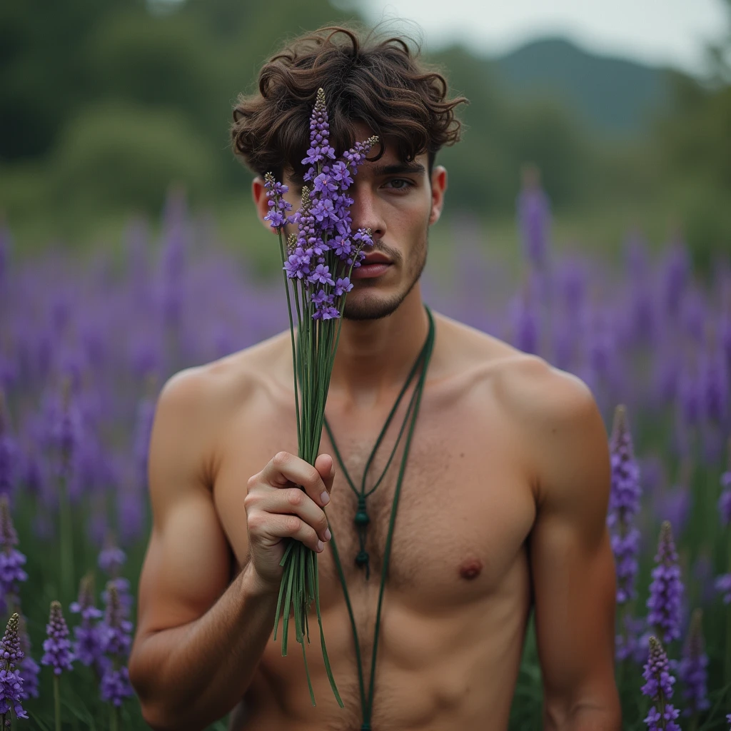 Envision a photograph of a male model standing in a field of lush purple flowers, inspired by the soft, poetic aesthetic of photographers like Bruce Weber or Herb Ritts, who often captured the intersection of nature and human form with a sensual, dreamlike quality. slender and lean, toned build with a light dusting of chest hair, evoking a natural and earthy appeal. He holds a small cluster of purple flowers close to his face, covering one eye, creating an air of mystery and intimacy while also harmonizing with the surrounding floral environment.
The model stands upright in a slightly relaxed posture, his torso subtly angled to the camera, allowing the light to highlight the natural contours of his physique. His expression is serene and reflective, contributing to the tranquil atmosphere of the image. He wears only dark green rope, further emphasizing his connection to nature and the rawness of the moment.
The composition uses a medium framing, keeping the model’s upper body in focus while the background is rich with softly blurred greenery and wildflowers. The lighting is natural, with soft daylight illuminating the scene, creating warm tones on the model’s skin while enhancing the purples and greens in the environment. This gives the image a calm, almost surreal atmosphere, with the light and colors playing off each other harmoniously.
The camera is positioned at eye level, allowing the viewer to connect directly with the model, while a 50mm or 85mm prime lens would capture this scene beautifully, keeping the depth of field shallow to subtly blur the background while maintaining the sharpness of the model and the flowers he holds. This framing highlights the delicate balance between the rugged masculinity of the model and the softness of nature around him, drawing inspiration from classic fashion and fine art photography, where themes of nature, sensuality, and human connection intertwine seamlessly. The photograph could evoke a sense of peaceful contemplation,