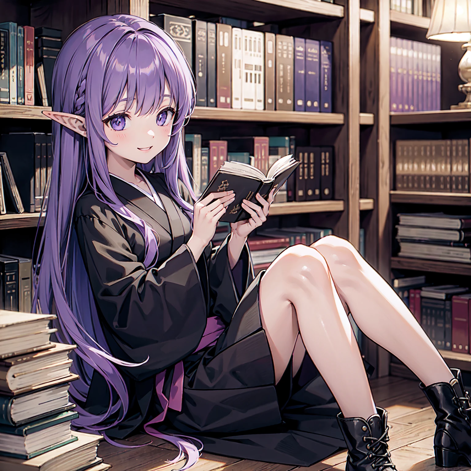 Library at night, dimly lit. Night. No windows. A girl grabs a book from the bookshelf. She fishes through the bookshelf. Which book shall I choose? A happy smile. Her eyes are on the book. Nostalgic. Purple hair. A girl with long purple hair. Pointy elf ears. Her clothes are simple: a black robe with wide sleeves and a black miniskirt. Knees showing. V-shaped white inserts on the front like a kimono. Black boots. Lots of bookshelves.