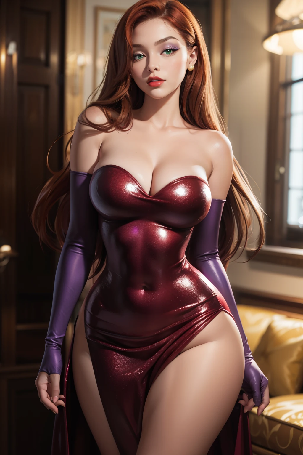 Cartoon_Jessica_rabbit_aiwaifu,aiwaifu,
hair over one eye,Red hair,narrow waist,very long hair, Long hair, tall woman, toned,make up,Lipstick,big breasts,shadow,green eyes,thighs,huge breasts,red Lips,Lips,curves,thick thighs,Wide hips,clavicle,long legs, one eye covered, 
elbow gloves,purple gloves,dress,bare shoulders,neckline,red dress,Strapless,Strapless dress,side slit,jewelry,earrings,long dress,cocktail dress,shackles,thighs,
official art,Extremely detailed CG unity 8k wallpaper, perfect lighting,showy, bright_Forehead_face_Turning on,piel bright, (masterpiece:1.0),(better_quality:1.0), ultra high resolution,4k,ultra detailed, Photography, 8k, HdR, High resolution, (absurdities:1.2), Kodak photo 400, film grain, blurred background, (bokeh:1.2), Lens flare, (Vibrant_Color:1.2),Photography profesional, (beautiful_face:1.5), niples erectos se marcan en su dress