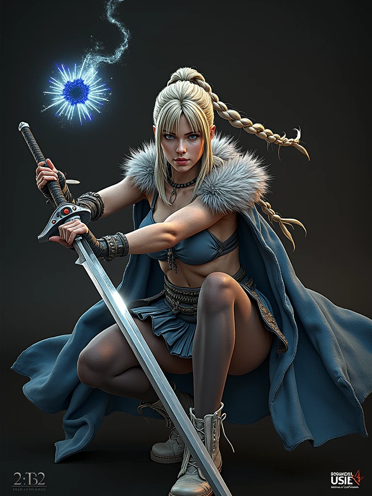 masterpiece, Best Quality, super rendering, super Realistic, High Detail Face, Clean and delicate face, whole body, Crouch and swing a long sword, grip the sword anatomically correctly, Single Braided blonde pony tail, parted bangs, forehead, wearing a camisole and pleated mini skirt, bare ass, open legs, Sleeveless, black pantyhose, white short boots, glaring at the viewer, simple color background