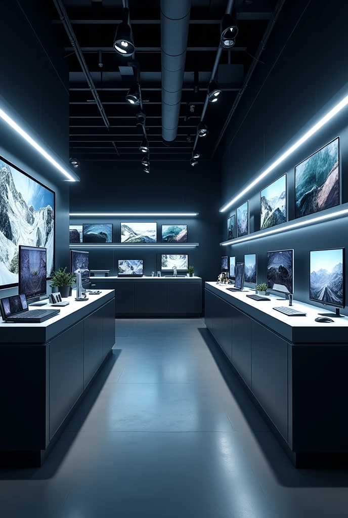 Modern electronics store black color inside without people