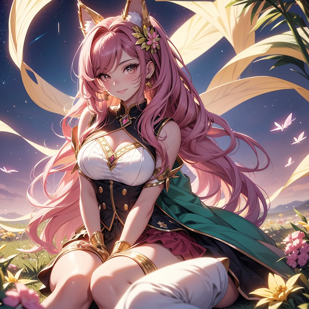 (best quality,4k,8k,highres,masterpiece:1.2),ultra-detailed,(realistic,photorealistic,photo-realistic:1.37),acrylic painting,beautiful Brazilian model in a uniform outfit pink with downy hair,beautiful Brazilian model with extremely colorful brown hair and detailed facial features,beautiful Brazilian model standing in a beautiful garden surrounded by a starry sky,pink hair,beautiful Brazilian model wearing a vibrant suit uniform outfit,beautiful Brazilian model with intricate accessories,cat ears, ,beautiful Brazilian model with long flowing twintails,beautiful Brazilian model with bright brown eyes and rosy lips,beautiful Brazilian model with a joyful expression,beautiful Brazilian model in a dynamic pose with sakura flowers falling around her,beautiful Brazilian model surrounded by colorful flowers and butterflies,beautiful Brazilian model's school uniform outfit adorned with cute bows and lace details red and gold,beautiful Brazilian model with an enchanting smile,beautiful Brazilian model with soft, pastel-colored shading,beautiful Brazilian model with a magical glow illuminating her,beautiful Brazilian model in a picturesque setting with a winding path leading to a magnificent castle,beautiful Brazilian model with a fairytale-like background,beautiful Brazilian model with a soft, dreamy atmosphere,beautiful Brazilian model with a subtle bokeh effect,beautiful Brazilian model standing under a sunny sky,beautiful Brazilian model with a warm, golden sunset in the background,beautiful Brazilian model surrounded by twinkling stars and colorful nebulae,creating an ethereal and captivating artistic masterpiece, sitting down, facing camera, suit uniform outfit