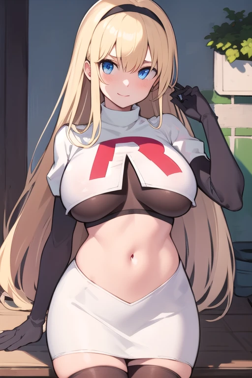 masterpiece, best quality,simple eyes,outdoors,1girl,north carolina,bangs, blonde_hair, blue_eyes,large breasts, eyebrows_visible_through_hair, hairband, long_hair, long_sleeves, looking_at_viewer, team rocket,team rocket uniform,white skirt,red letter R,crop top,black thigh-highs,black elbow gloves