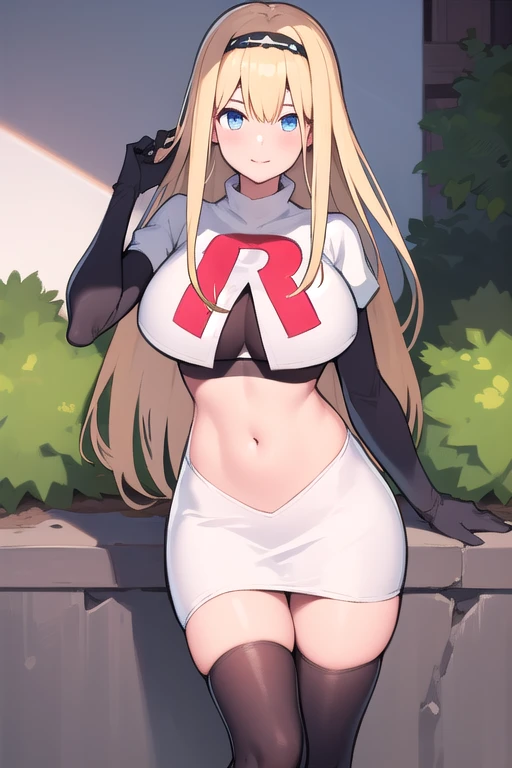 masterpiece, best quality,simple eyes,outdoors,1girl,north carolina,bangs, blonde_hair, blue_eyes,large breasts, eyebrows_visible_through_hair, hairband, long_hair, long_sleeves, looking_at_viewer, team rocket,team rocket uniform,white skirt,red letter R,crop top,black thigh-highs,black elbow gloves