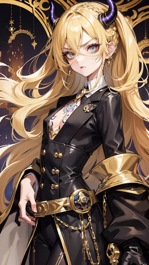 1 boy, anime, high quality, intricate details, futuristic, androgynous, casino setting, elegant, suit, messy hair, blonde hair, gloves, stern expression, waistbelt, brooch, golden eyes, freckles, demon horns, messy hair, earrings, tattoos, black eyes, pout, effeminate, small braid, long eyelashes