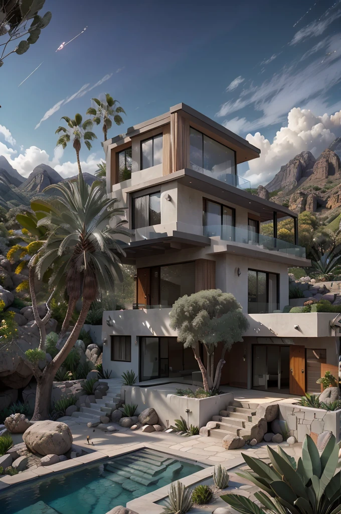 small and beautiful modern house in top of big boulders, terraces, pool, stairs, multiple cacti gardens, palms, trees, rocks, beautiful landscape design, mountains and volcano y background, amazing clouds, sun, moon, planets, milky way galaxy, concrete, wood, glass and steel materials, olive green, violet, orange and withe colors in facade
