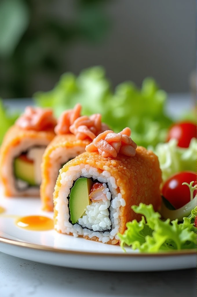 Avocado sushi roll with crab sticks and salad