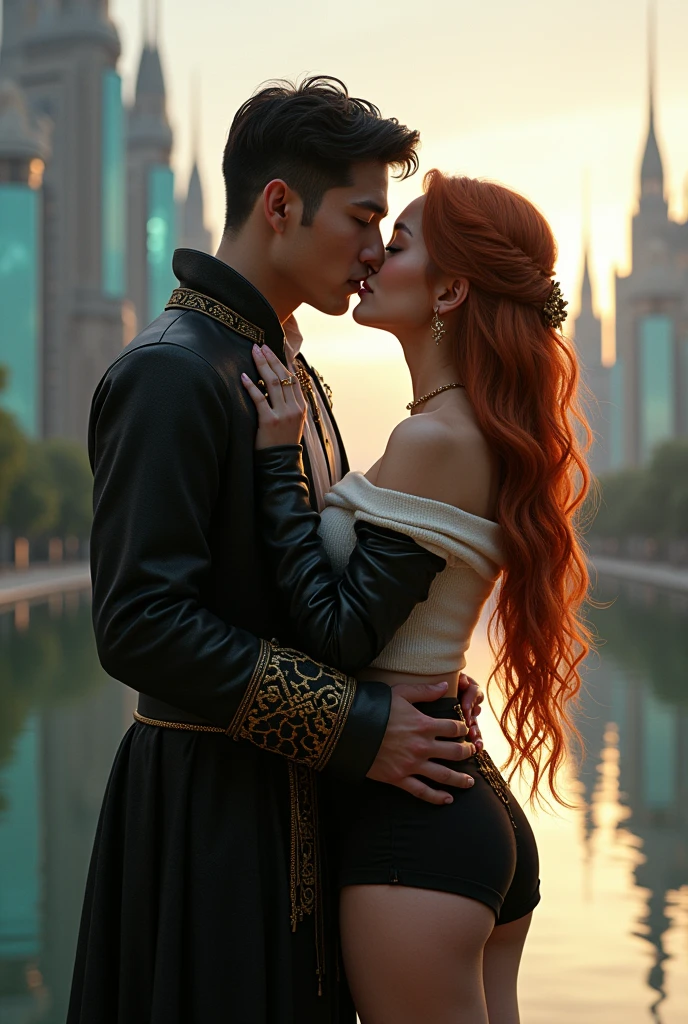 (photorealism:1.2) Asrahan Kandel from I thought my time is up, he is a 28 young man with black hair, he is a handsome korean Duke of a historical world he have Korean features with asian monolid light blue eyes, his skin is white, he is really strong and build and is really muscular because he is a fighter, he is 1.88 height tall, he is with his wife a british ginger woman with 1, she is tall but not as him, she is half nephilim and half Greek demingod, she is Zeus daughter, she have a white fair pale skin, her cheeks are rosy and her lips plum and rosy, she have freckles and dimples, her eyes are deep blue with a bit of gold and with and almond shape, she have a strong and skinny fit body, her body shape is like an hourglass, her breast is big and rounded like her ass, she is tall but smaller than him, she is 1.72 height tall, she have a very long ginger hair with waves and she is really beautiful like an angel, and she have golden shadowhunter runes over her skin of her body,  they are in the city of glass in her country, they are in front of the other while hugging, they are kissing passionately each other on the lips with a french kiss,  he is wearing European historical duke clothes and she is wearing black high rise shorts, white off-shoulder sweater and a black leather jacket and combat boots, he is Korean and she is British 