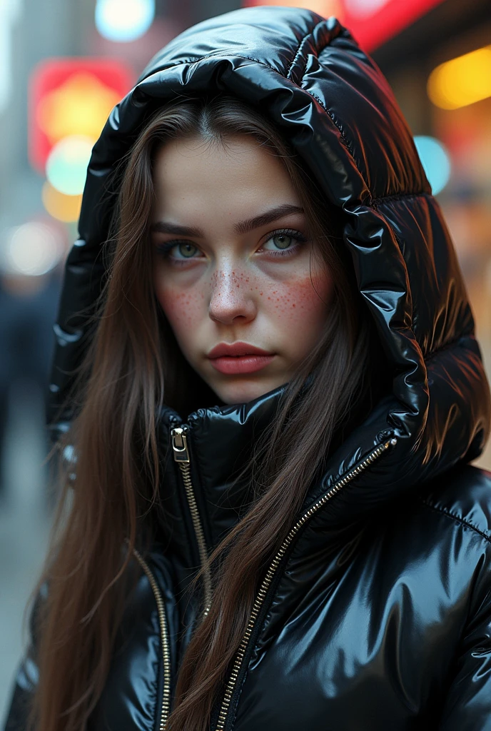 a slim ponytail girl,beautiful detailed eyes,beautiful freckles,beautiful detailed lips,extremely detailed eyes and face,longeyelashes,in beautiful detailed hooded formfitting cyberpunk duvetica overfilled shiny hyper gleamy hyper thick glossy unsealed puffer jacket covering her sealed hyper padded cyberpunk duvetica puffer vest,latex glossy stirrup legging, puffy boots,symmetrical,walking in pufferstore,masterpiece,cinematic,lifelike,hyperrealistic,8k,photorealistic,highly detailed,intricate,exquisite,elegant,beautiful,stunning, cyberpunk
