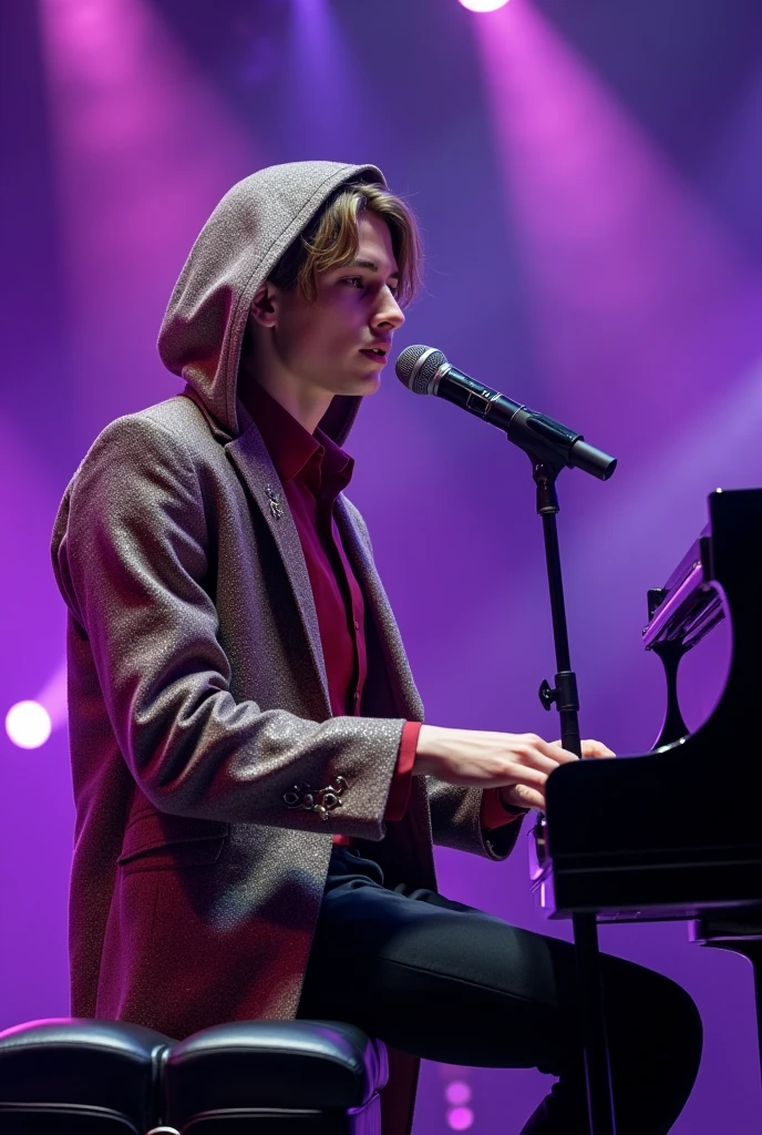 artwork best quality realistic image handsome american male ager long brown hair flying fair skin with burgundy button down shirt and black pants with coat cape and hood on head in burgundy color with intricate silver details shining. the teen is playing the piano. The piano is shining and illuminated. The teenagersinging with a microphone stand in front of him with purple lights around it illuminating him intricate details seen from afar at a concert with details uhq details 8k realism