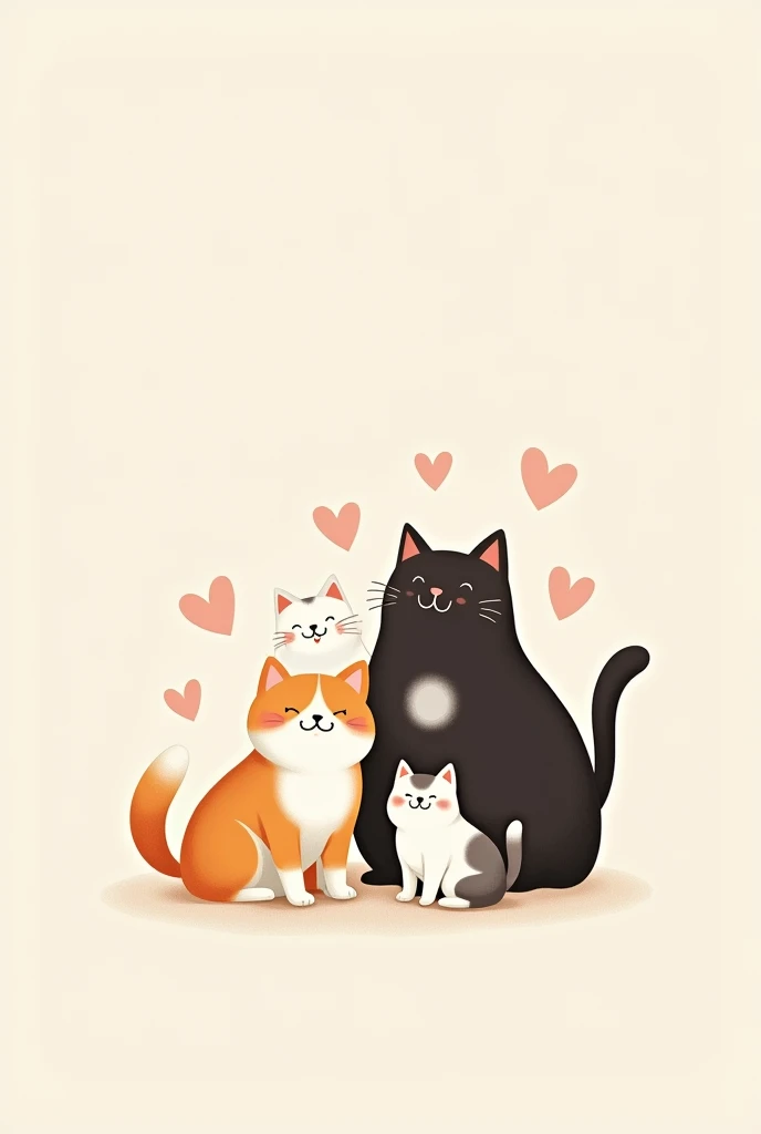 Create me a wallpaper of 4 cats together happy 1 orange with white with lots of big hair 1 big chubby black 1 dark brown with white on its chest big 1 only white with black a little small in minimalist style drawing with hearts around 