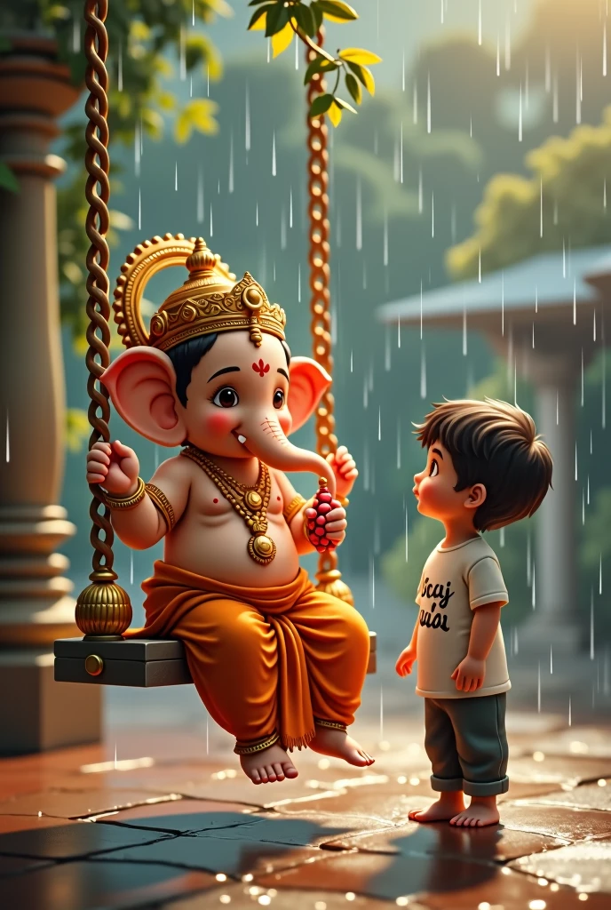 "A beautiful scene featuring Lord Ganesha sitting on a swing, depicted in a childlike form. He is holding a modak in one hand, adorned in traditional golden jewelry and an orange dhoti. Beside him stands a small boy with short brown hair, wearing a white T-shirt with the Name 'SURAJ' printed on it and dark pants. The boy gazes up at Lord Ganesha with curiosity and affection. The background shows a serene temple setting, with gentle rain falling, adding to the peaceful and heartwarming atmosphere."