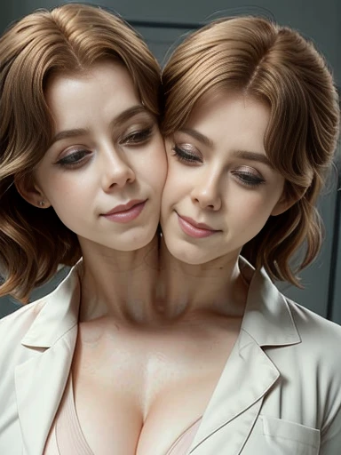 gquality, 1girl, huge , (two heads, conjoined_dicephalus), kissing:1.5, cheeks rubbing together, one eye closed, dynamic angle, dynamic pose, Amy Adams, cleavage, thin body, torn open lab coat, science lab