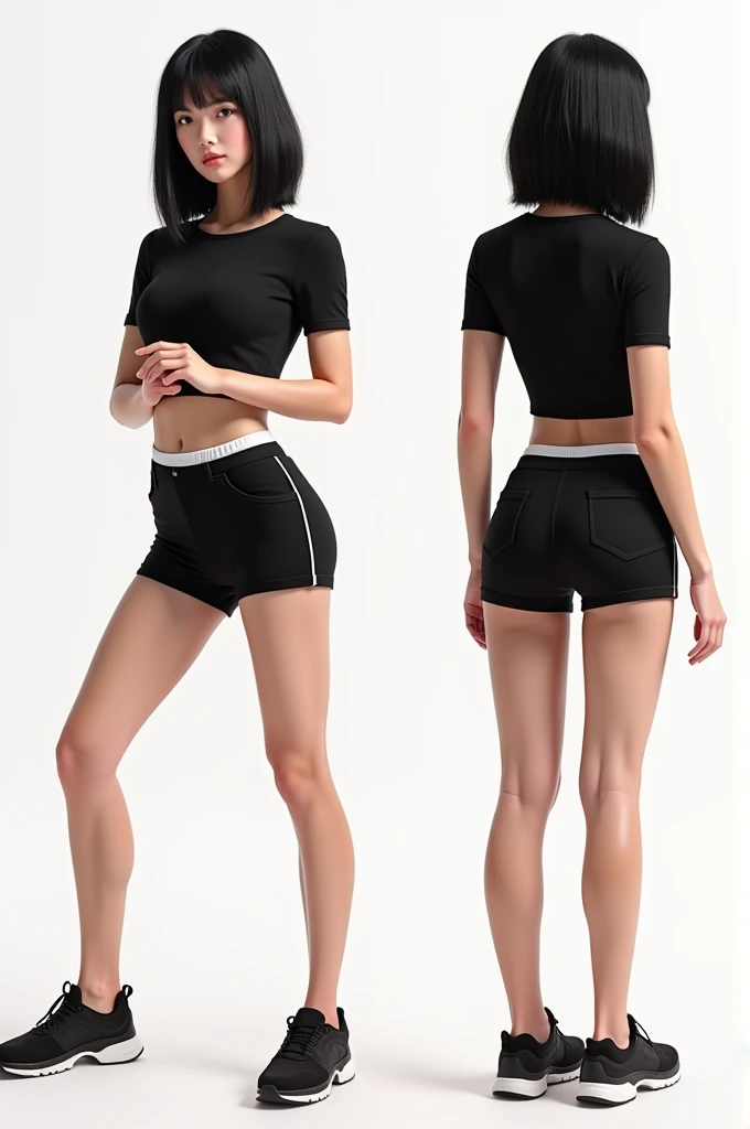 A young woman with straight, shoulder-length black hair she is wearing a tight-fitting black t-shirt that sits slightly above the navel, tight black shorts with a white waistband, she is looking straight ahead, digital art, various angles, full body, White background.