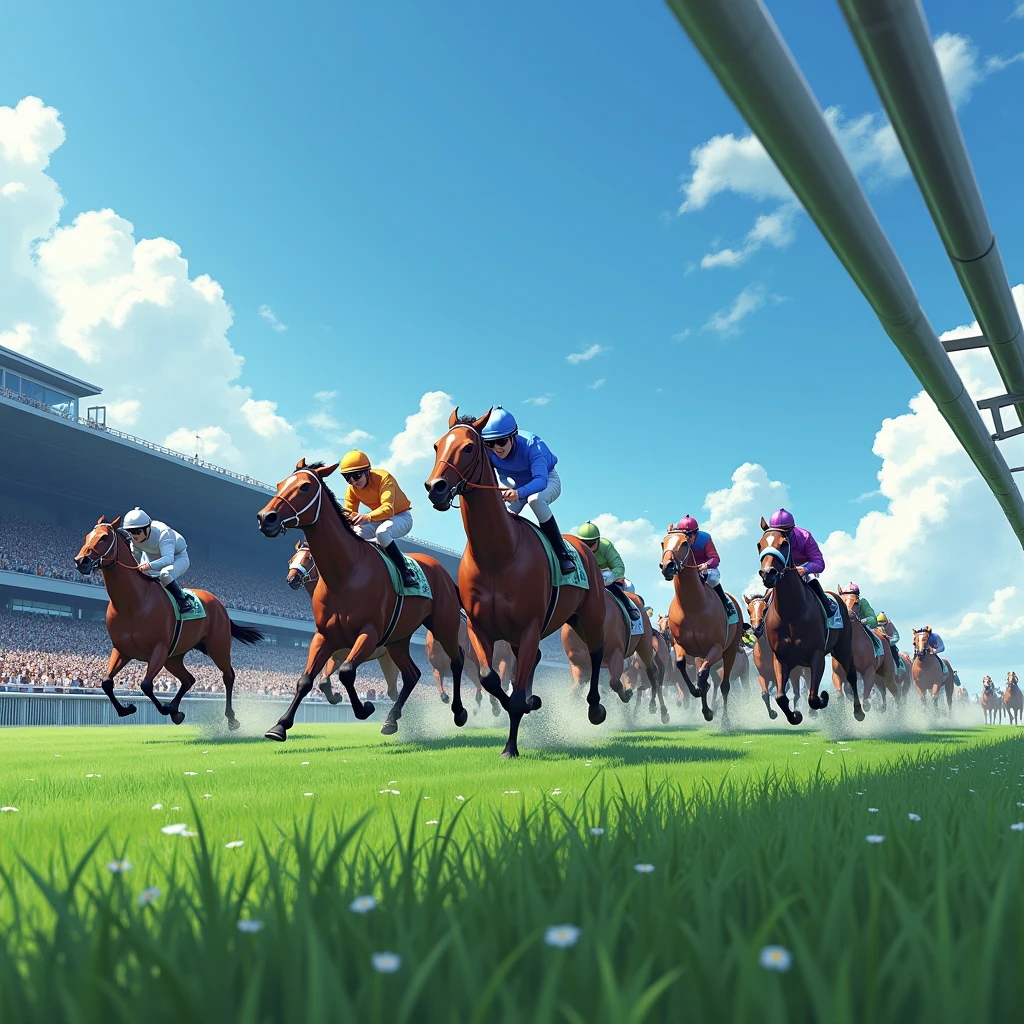 Tokyo Racecourse,Sunny,blue sky,12 horses in the race,The goal scene,Turf,A lot of people are watching,A lot of people,Image from the auditorium,Running through the finish line,1 2 3 moves,(Close-up),(Highest quality,High resolution,Masterpiece,8K),
