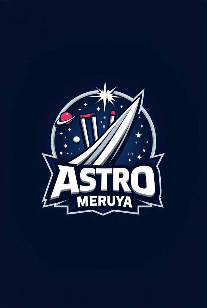 "Design a modern and dynamic cricket team logo for a team named 'Astro Meruya'. The logo should feature a storm or lightning theme, with a bold and energetic design. Include elements like a rocket, planet, stars, or stumps subtly integrated into the design. The color scheme should be a mix of dark blue, silver, and white to convey power and agility. The team name 'Astro Meruya' should be prominently displayed in a stylish, sporty font. The overall look should be sharp, professional, and suitable for a jerseyand merchandise."