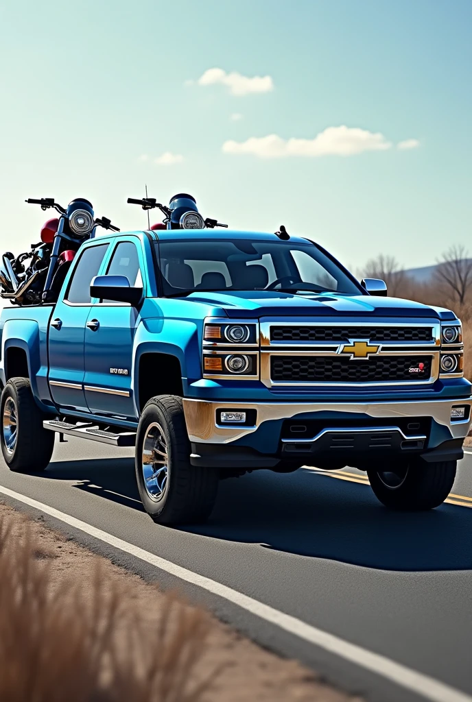 realist, 8k, super detailed, A blue 2014 Chevrolet Silverado carrying two motorcycles in the bed